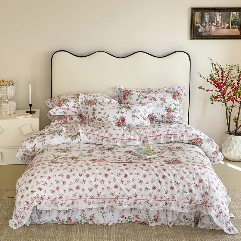 THL1074 Elegante juego de cama vintage con estampado floral de rosas, 100 % algodón y detalle de volantes