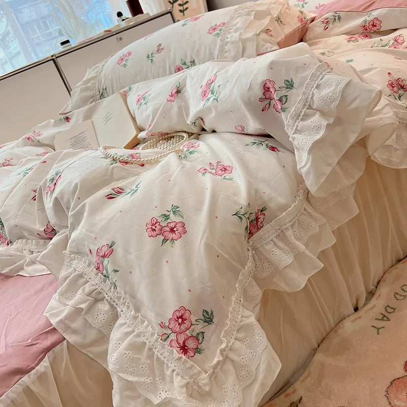 THL1086 100% Cotton Elegant Floral Duvet Cover Set White Lace Ruffle Bedding