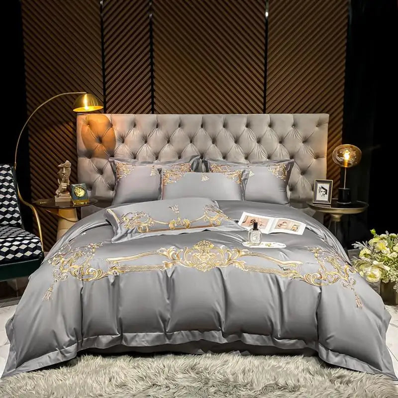 THL1160 Elegant 1000 Thread Count Egyptian Cotton Embroidered Luxury Bedding Set with Chic Duvet Cover and Bed Sheet