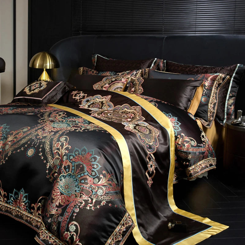 THL1178 Chic Black Gold Jacquard Bedding – Royal Embroidery Set