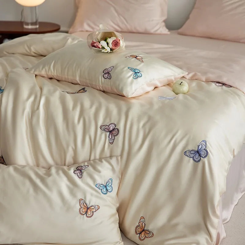 THL1149 Juego de cama suave y sedoso de lyocell con eucalipto y elegante funda nórdica con mariposas bordadas