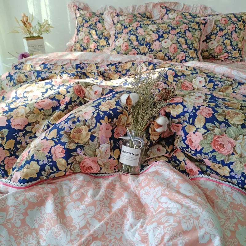 THL1116 Juego de cama de patchwork estilo campestre francés, elegante, suave y acogedor, 100 % algodón, con estampado floral primaveral