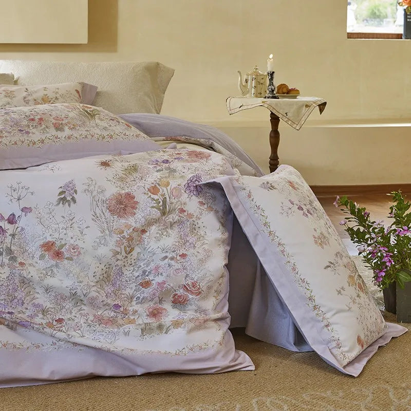 THL1172 100% soft cotton bedding set features a 600TC fabric construction with a chic and vibrant rose floral design.