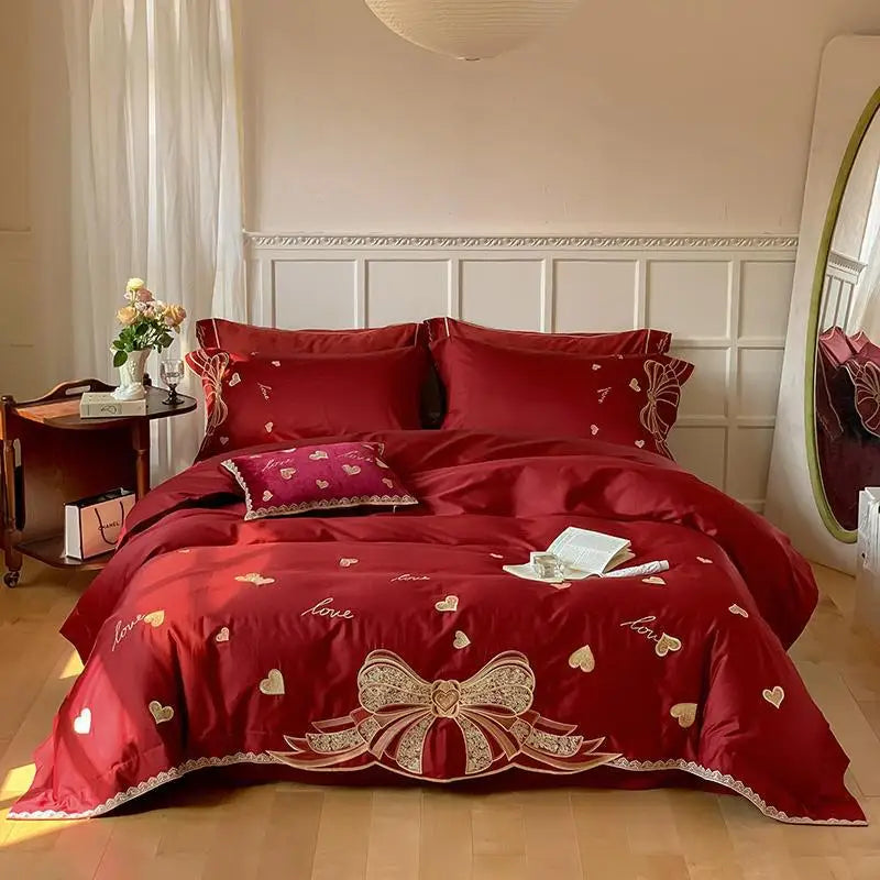 THL1164 Luxury Wine Red Duvet Cover Set in 1000TC Egyptian Cotton with Chic Embroidery Design