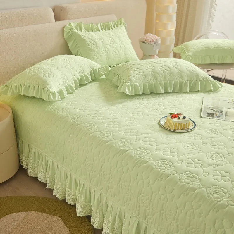 THL1078 Floral Embossed Lace Coverlet Bedspread Solid Bedding Set