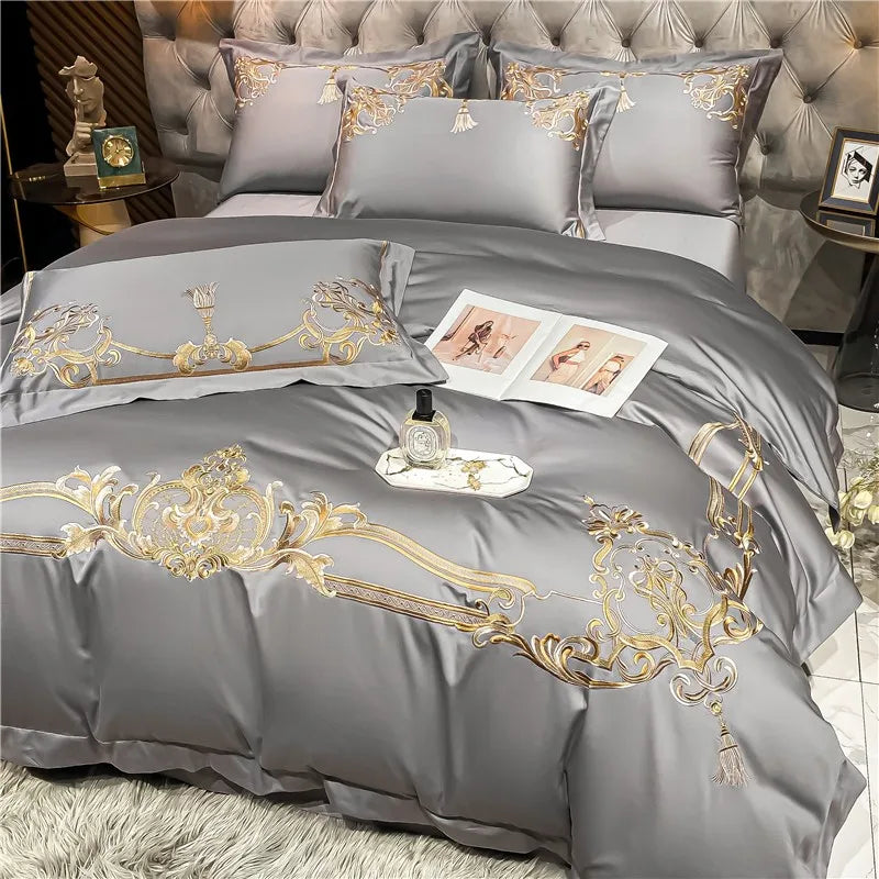 THL1160 Elegant 1000 Thread Count Egyptian Cotton Embroidered Luxury Bedding Set with Chic Duvet Cover and Bed Sheet