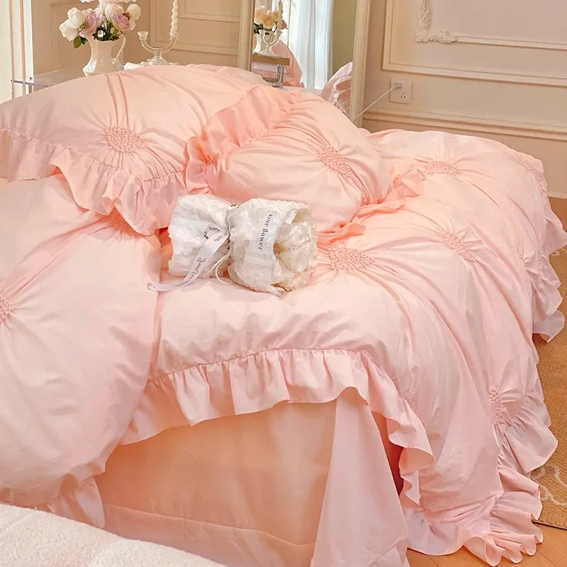 THL1112 Cotton Heart Pleated Pastel Color Luxury Bed Sheet