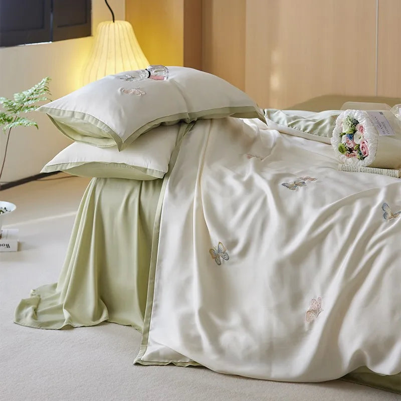 THL1111 Elegant Butterfly Embroidery Romantic Soft Silky Lyocell Bedding Set