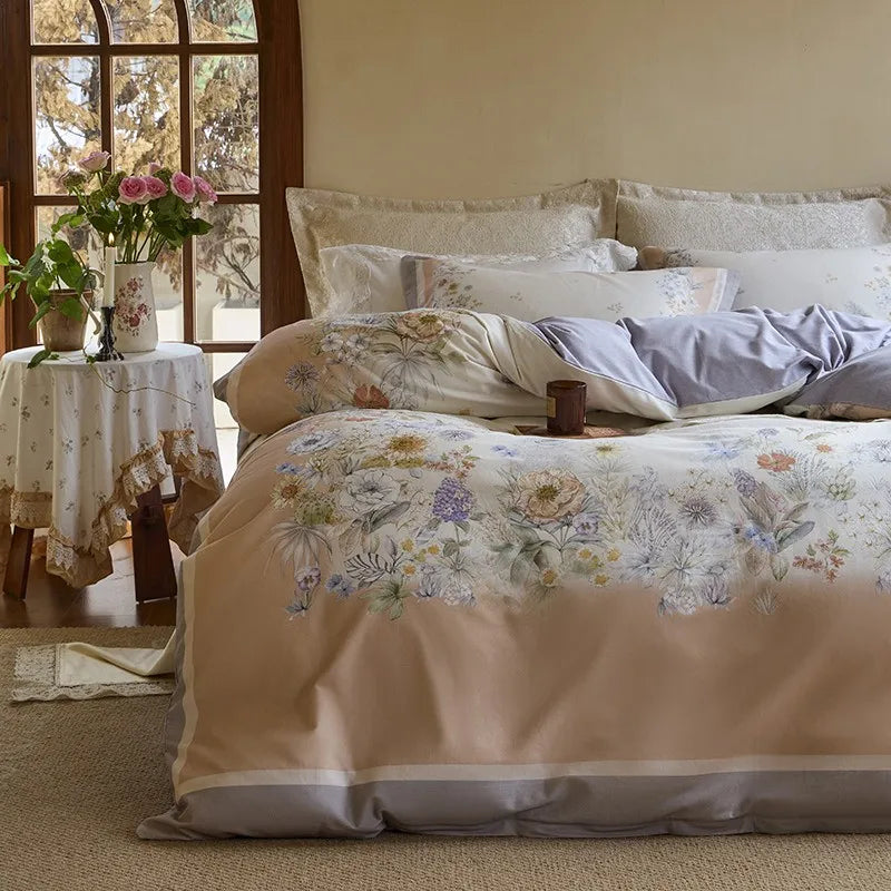 THL1172 100% soft cotton bedding set features a 600TC fabric construction with a chic and vibrant rose floral design.