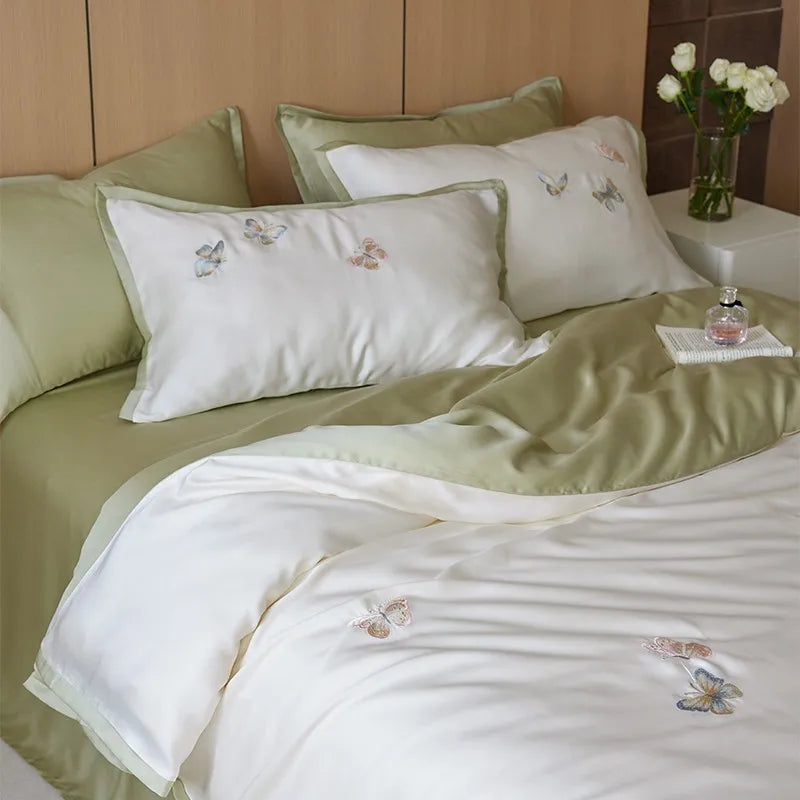 THL1111 Elegant Butterfly Embroidery Romantic Soft Silky Lyocell Bedding Set