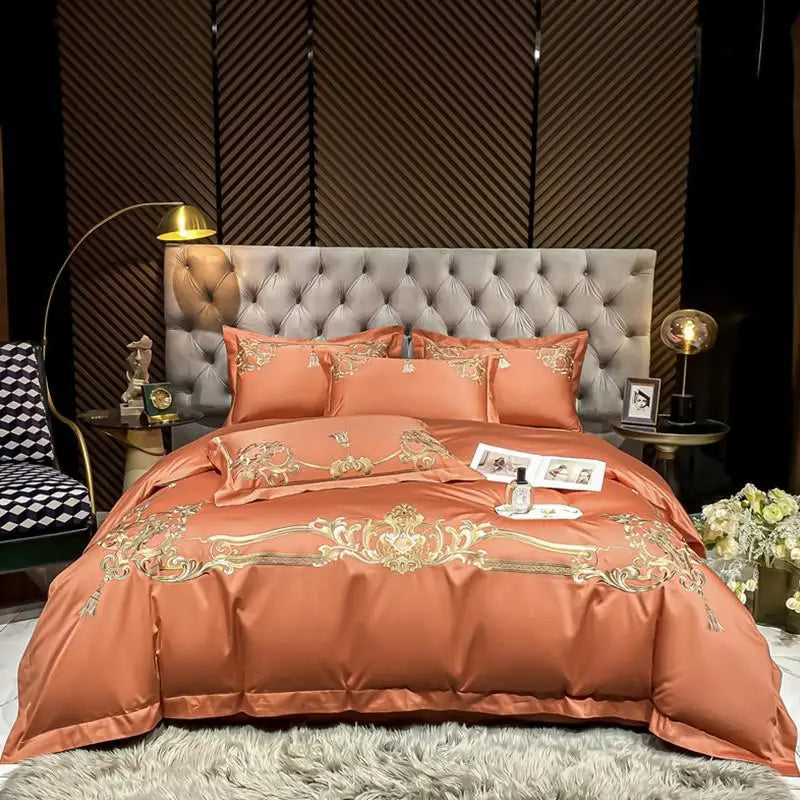 THL1160 Elegant 1000 Thread Count Egyptian Cotton Embroidered Luxury Bedding Set with Chic Duvet Cover and Bed Sheet