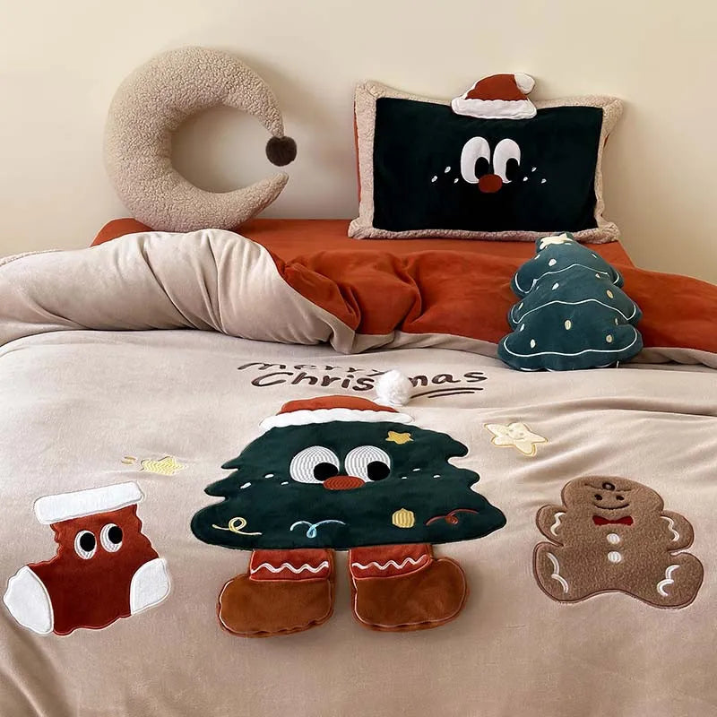 THL1158 3D Cartoon Christmas Tree & Cookie Appliques Velvet Bedding Set - Fluffy and Festive Comforter Cover Set