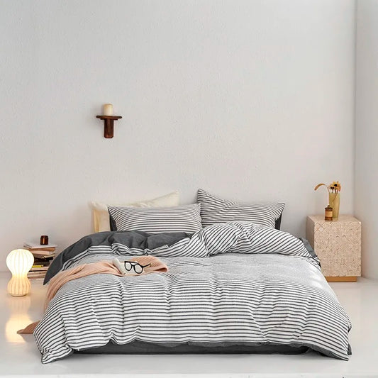 THL1126 Striped Bedding Set 100% Washed Cotton Soft and Breathable with Linen like Texture