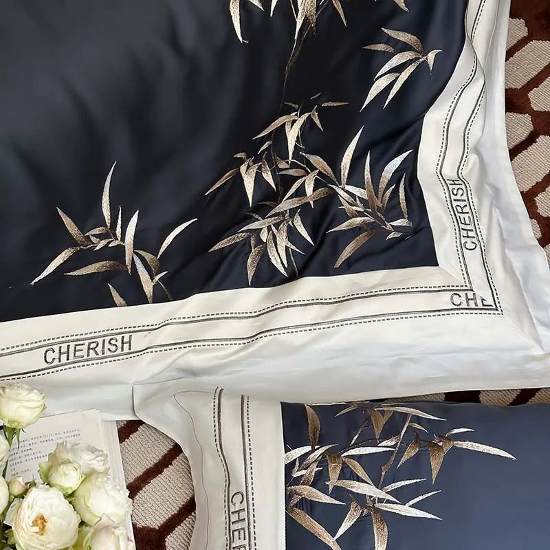 THL1161 Luxury 1000TC Egyptian Cotton Duvet Cover Set with Vintage Bamboo Leaves Embroidery Design