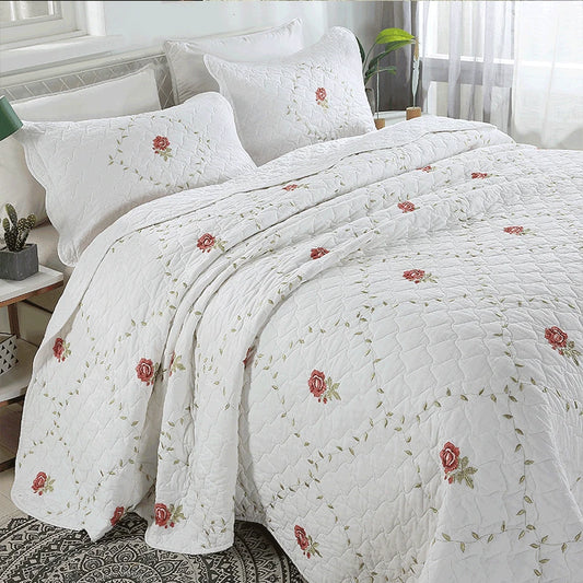 THL1088 100% Cotton Quilted Bedspread with Vintage Elegant Floral Embroidery Design