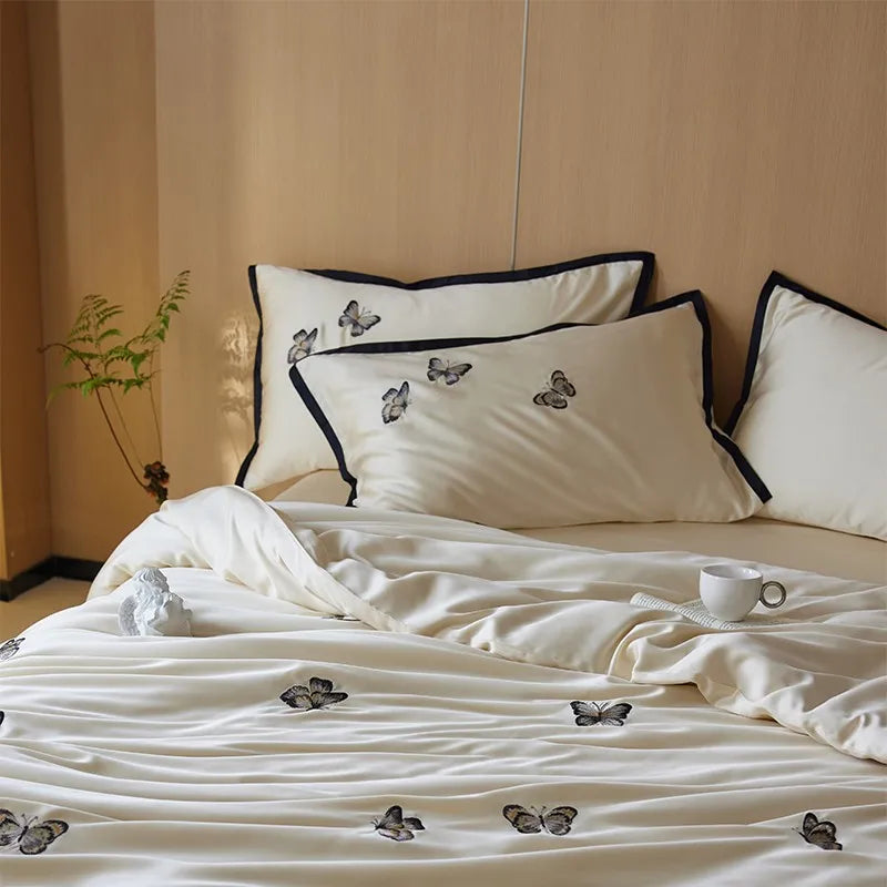 THL1111 Elegant Butterfly Embroidery Romantic Soft Silky Lyocell Bedding Set