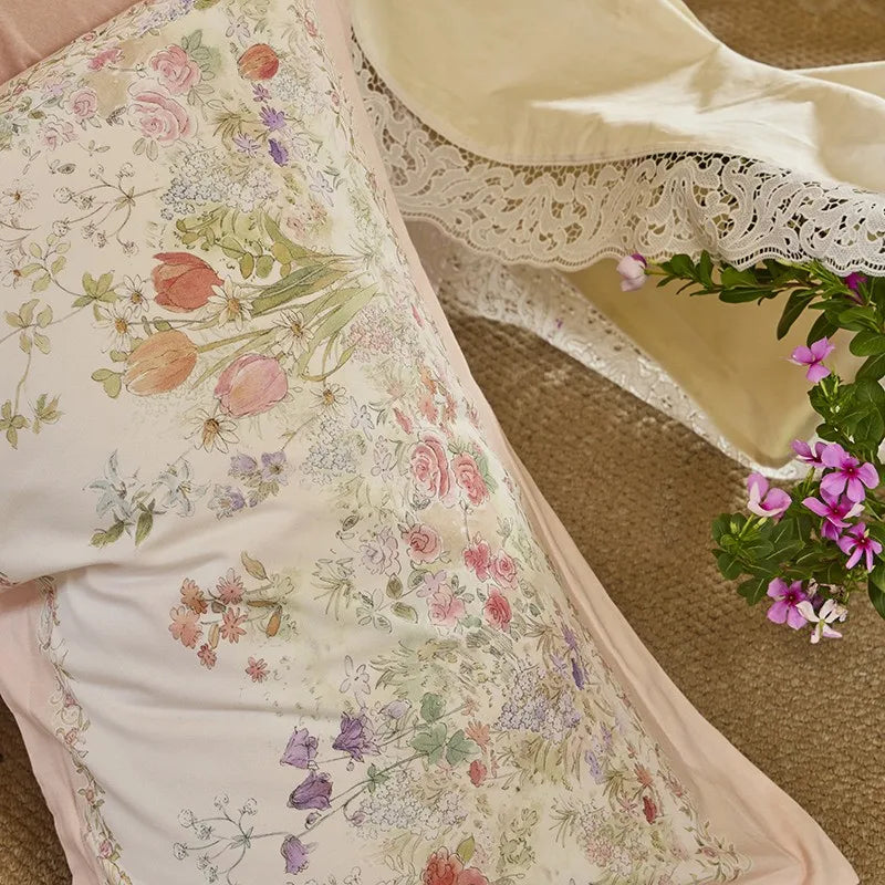 THL1172 100% soft cotton bedding set features a 600TC fabric construction with a chic and vibrant rose floral design.