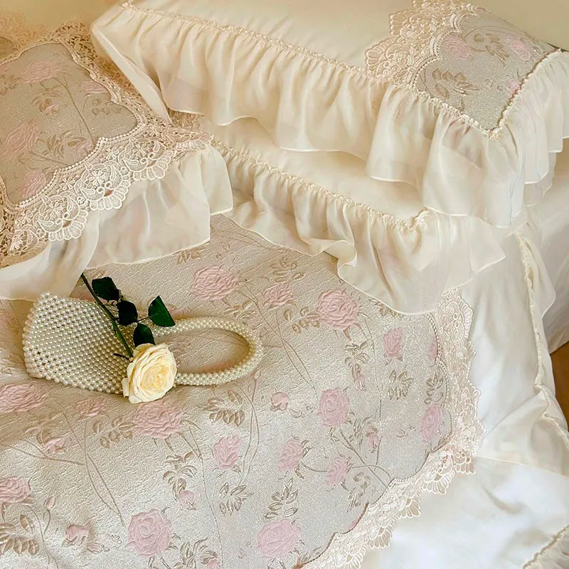 THL1064 Chic Stereoscopic Relief Rose Flowers Patchwork Bedding Set Egyptian Cotton with Chiffon Ruffles and Lace