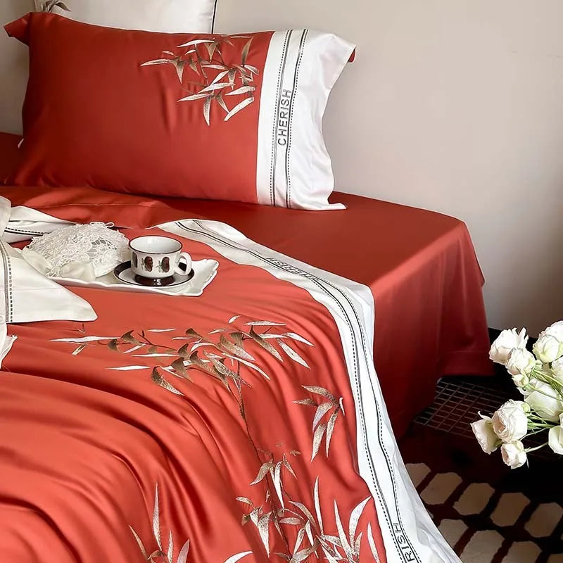 THL1161 Luxury 1000TC Egyptian Cotton Duvet Cover Set with Vintage Bamboo Leaves Embroidery Design