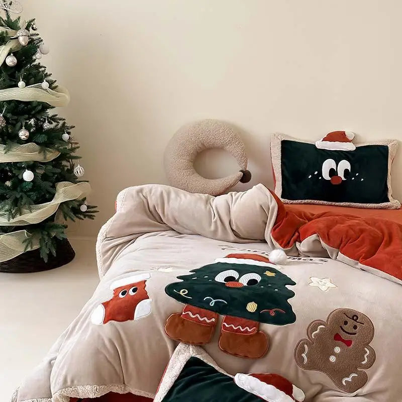 THL1158 3D Cartoon Christmas Tree & Cookie Appliques Velvet Bedding Set - Fluffy and Festive Comforter Cover Set