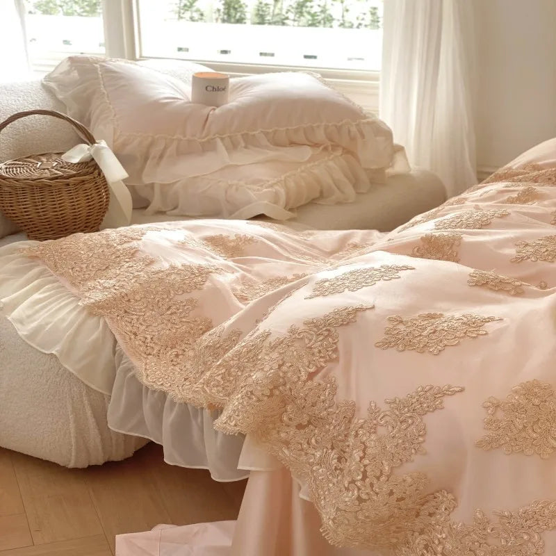 THL1066 Pink Egyptian Cotton Bedding Set with French Romantic Lace