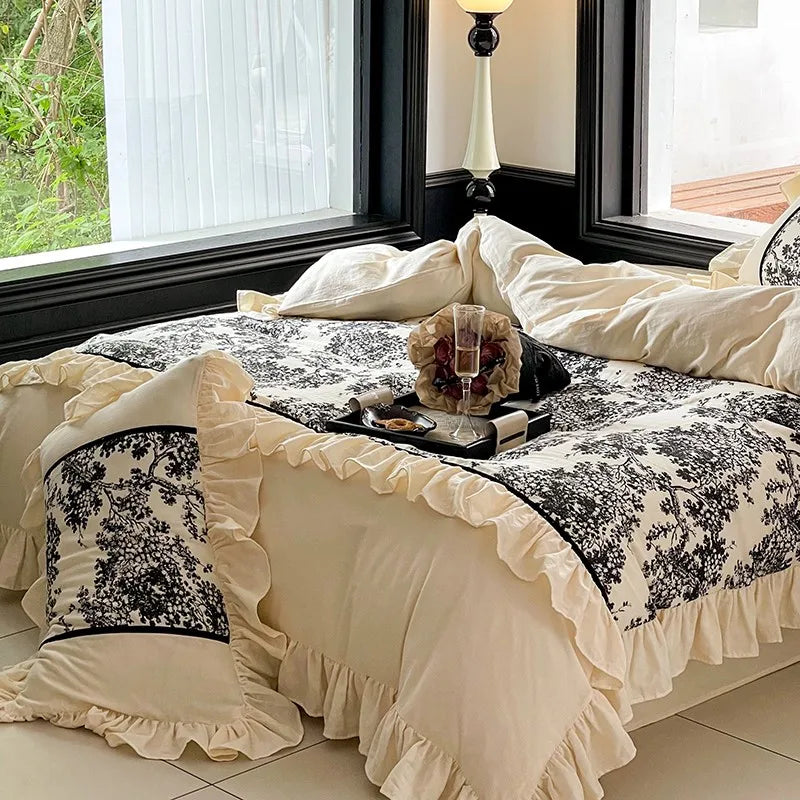 THL1120 100% Cotton Soft Linen Feel Vintage Black Forest Printed Ruffled Patchwork Bedding Set