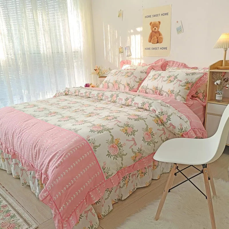 THL1116 Juego de cama de patchwork estilo campestre francés, elegante, suave y acogedor, 100 % algodón, con estampado floral primaveral