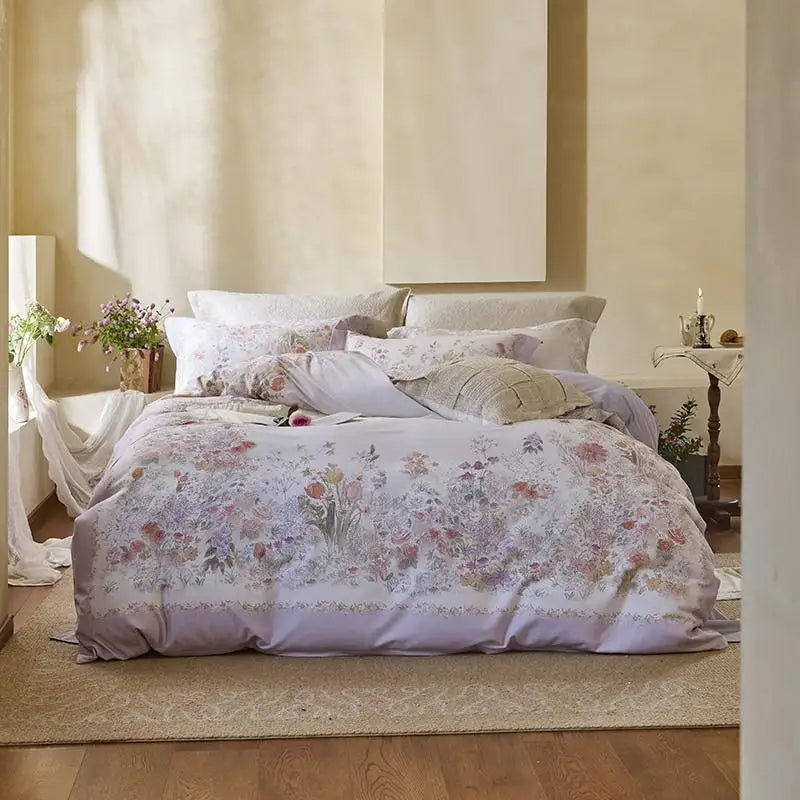 THL1172 100% soft cotton bedding set features a 600TC fabric construction with a chic and vibrant rose floral design.