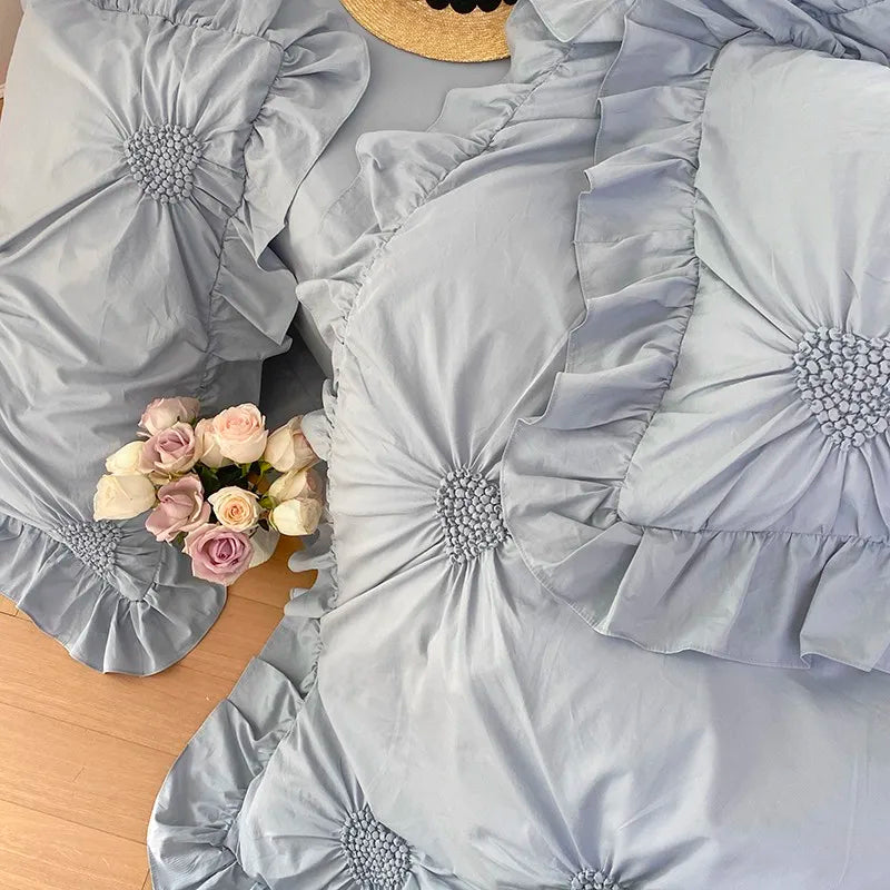 THL1112 Cotton Heart Pleated Pastel Color Luxury Bed Sheet