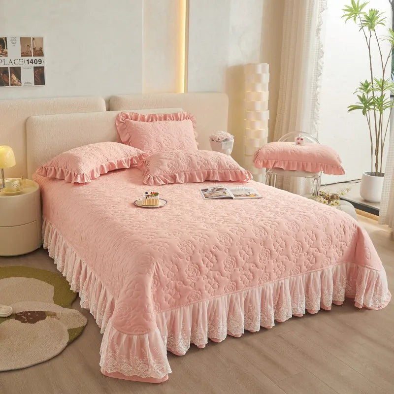 THL1078 Floral Embossed Lace Coverlet Bedspread Solid Bedding Set