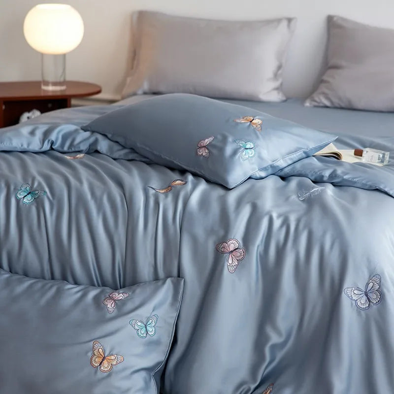 THL1149 Juego de cama suave y sedoso de lyocell con eucalipto y elegante funda nórdica con mariposas bordadas