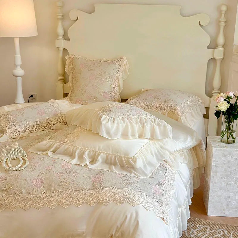 THL1064 Chic Stereoscopic Relief Rose Flowers Patchwork Bedding Set Egyptian Cotton with Chiffon Ruffles and Lace