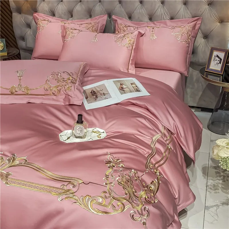 THL1160 Elegant 1000 Thread Count Egyptian Cotton Embroidered Luxury Bedding Set with Chic Duvet Cover and Bed Sheet