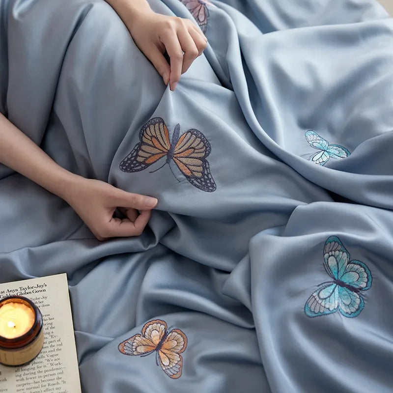 THL1149 Juego de cama suave y sedoso de lyocell con eucalipto y elegante funda nórdica con mariposas bordadas