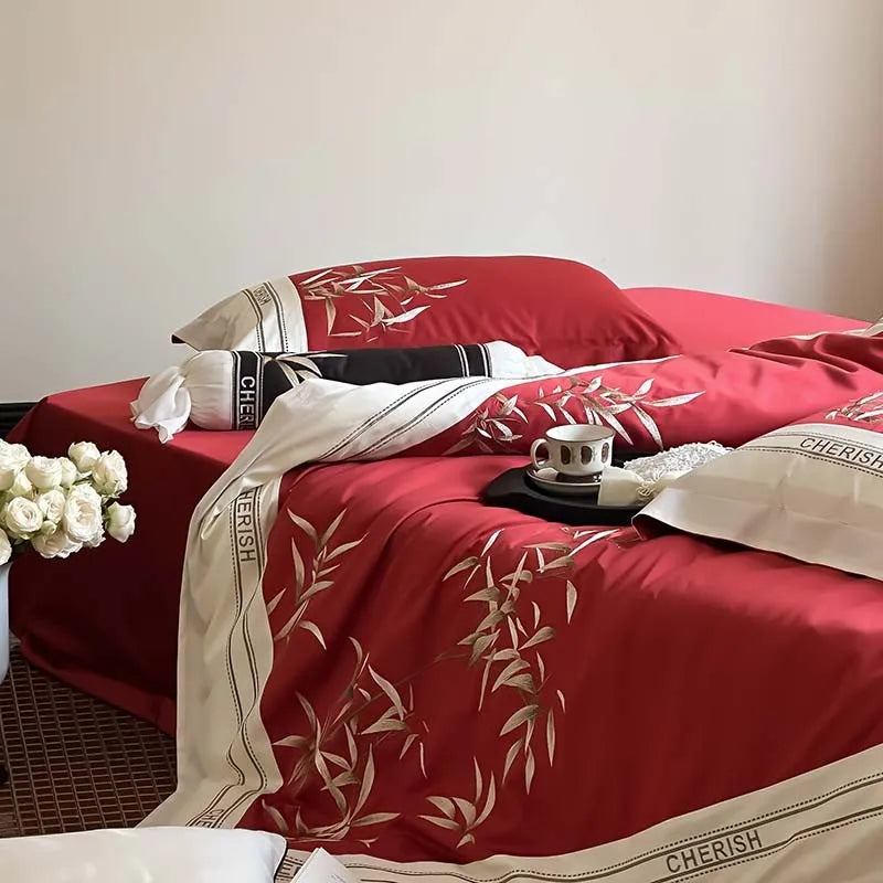 THL1161 Luxury 1000TC Egyptian Cotton Duvet Cover Set with Vintage Bamboo Leaves Embroidery Design