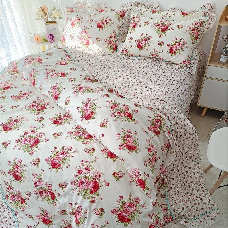 THL1116 Juego de cama de patchwork estilo campestre francés, elegante, suave y acogedor, 100 % algodón, con estampado floral primaveral