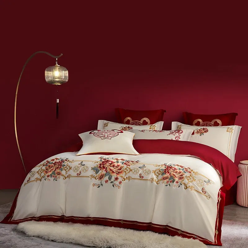 THL1109 Luxury Double Blossom Embroidery Wedding Red Bedding Set Egyptian Cotton