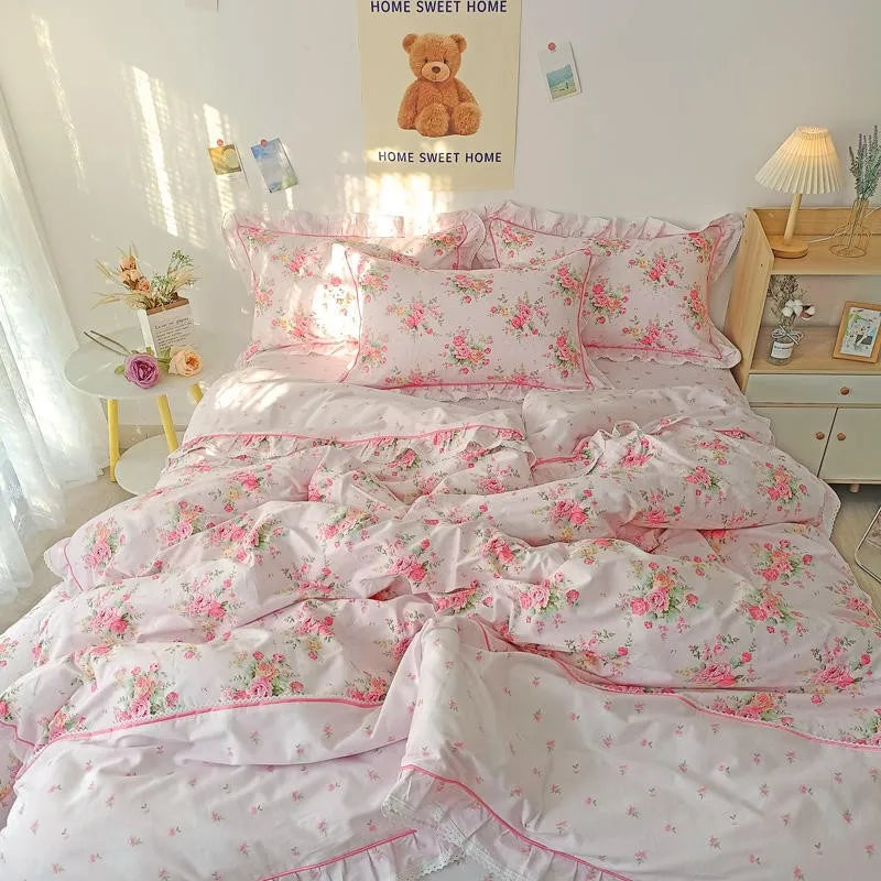 THL1116 Juego de cama de patchwork estilo campestre francés, elegante, suave y acogedor, 100 % algodón, con estampado floral primaveral