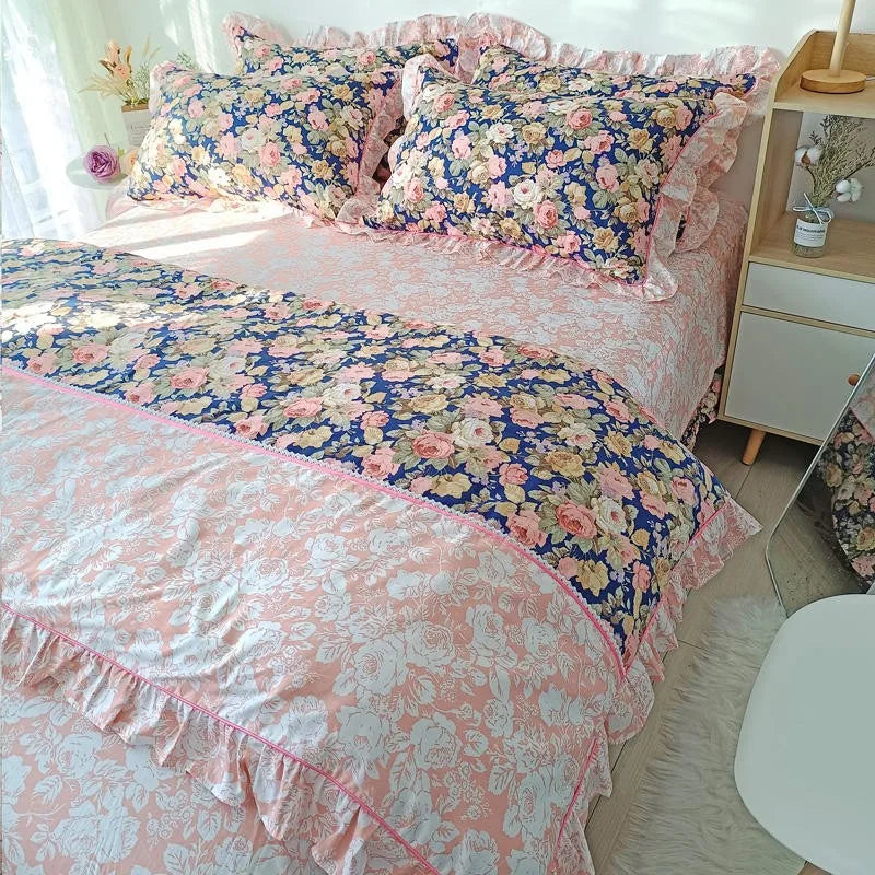 THL1116 Juego de cama de patchwork estilo campestre francés, elegante, suave y acogedor, 100 % algodón, con estampado floral primaveral