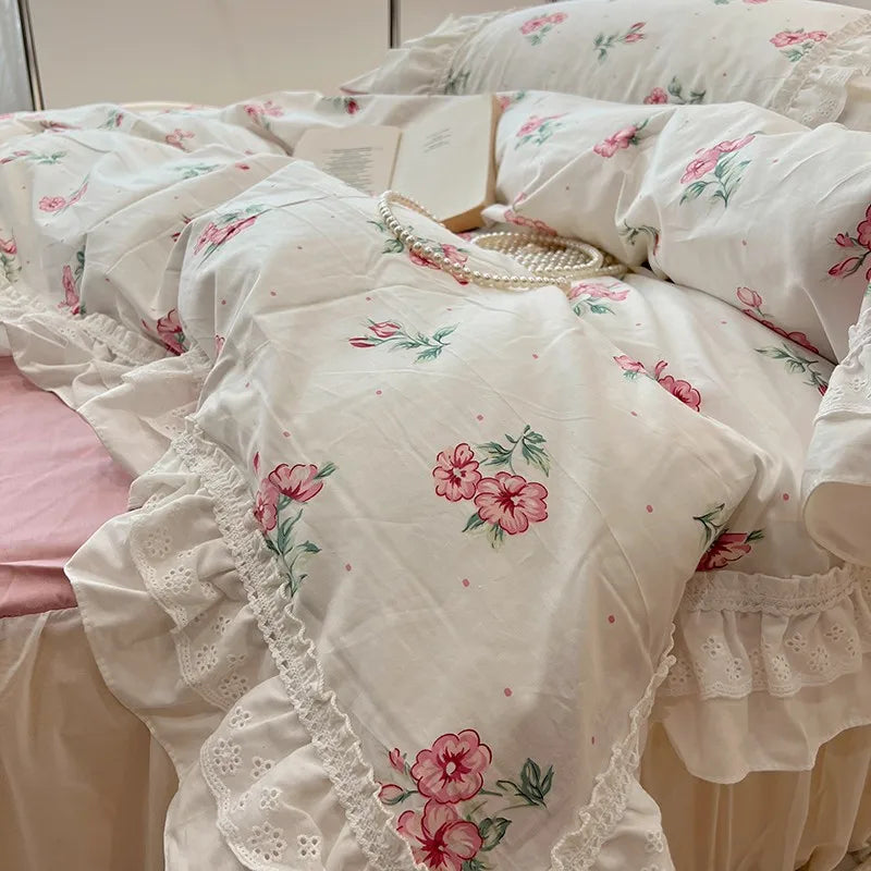 THL1086 100% Cotton Elegant Floral Duvet Cover Set White Lace Ruffle Bedding