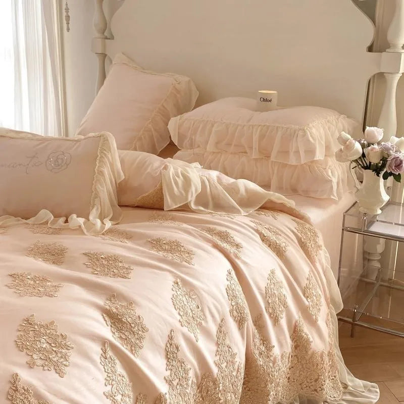 THL1066 Pink Egyptian Cotton Bedding Set with French Romantic Lace