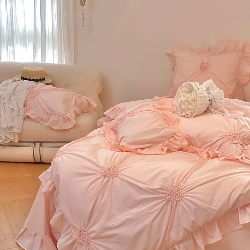 THL1112 Cotton Heart Pleated Pastel Color Luxury Bed Sheet