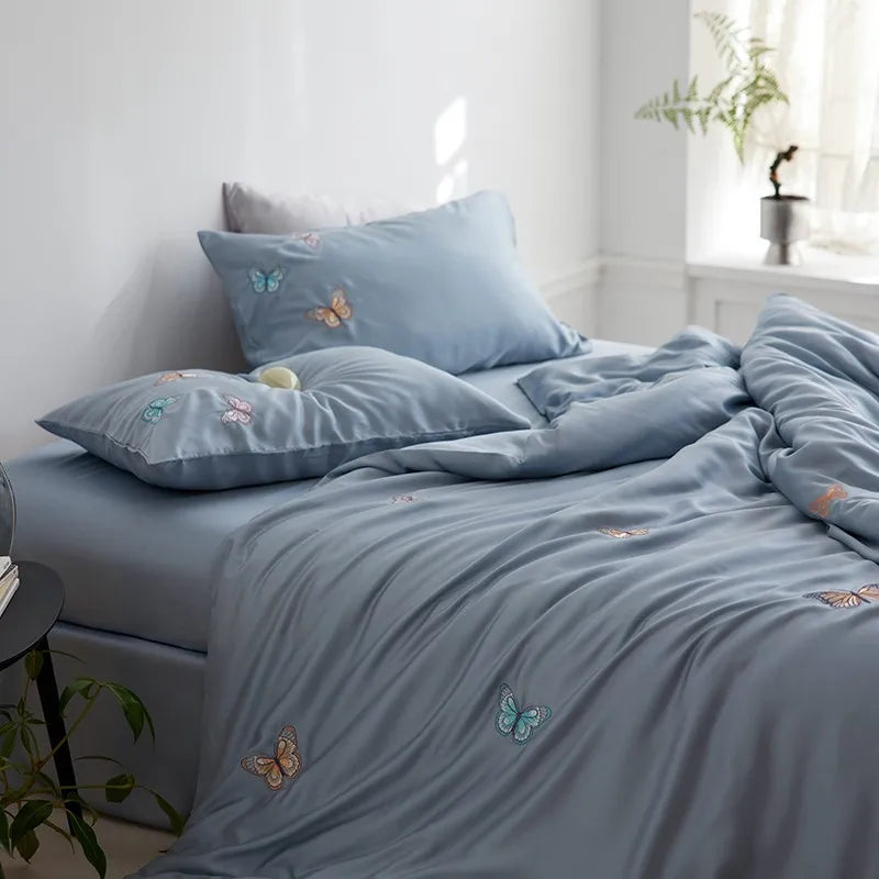 THL1149 Juego de cama suave y sedoso de lyocell con eucalipto y elegante funda nórdica con mariposas bordadas