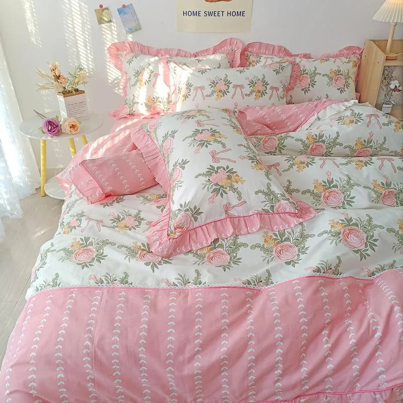 THL1116 Juego de cama de patchwork estilo campestre francés, elegante, suave y acogedor, 100 % algodón, con estampado floral primaveral