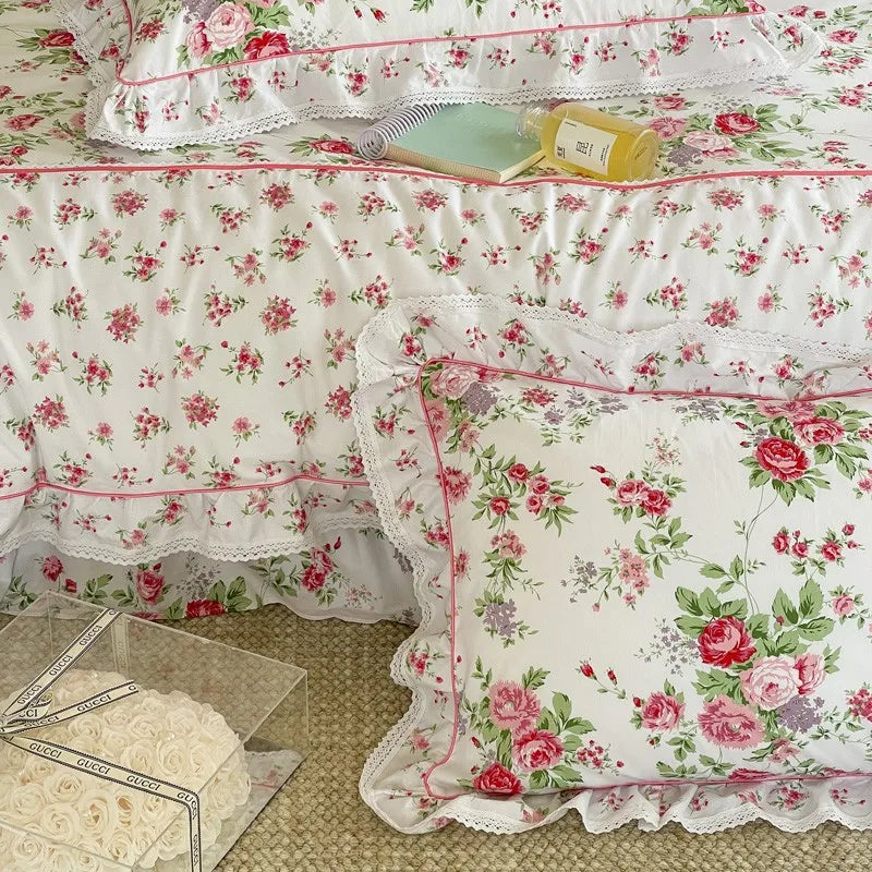 THL1074 Elegante juego de cama vintage con estampado floral de rosas, 100 % algodón y detalle de volantes