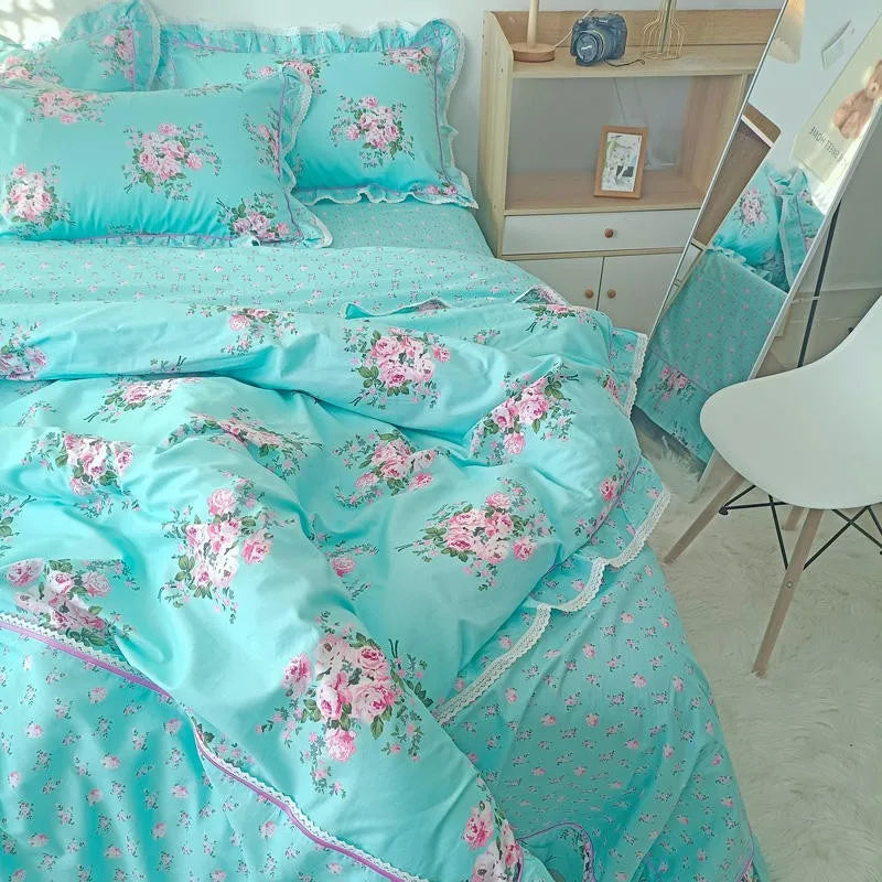 THL1116 Juego de cama de patchwork estilo campestre francés, elegante, suave y acogedor, 100 % algodón, con estampado floral primaveral