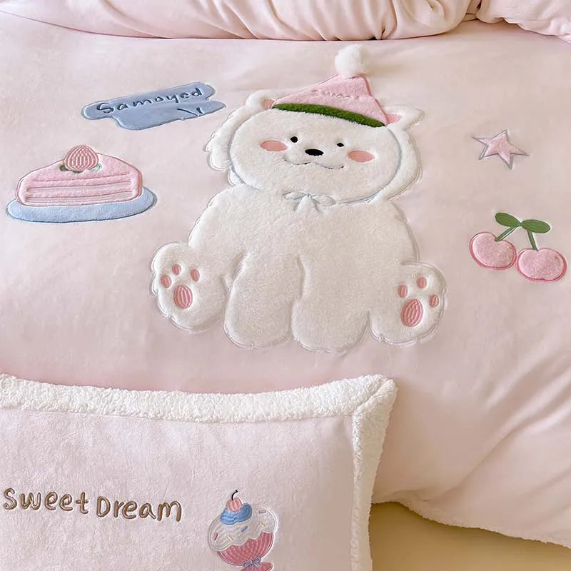 THL1158 3D Cartoon Christmas Tree & Cookie Appliques Velvet Bedding Set - Fluffy and Festive Comforter Cover Set