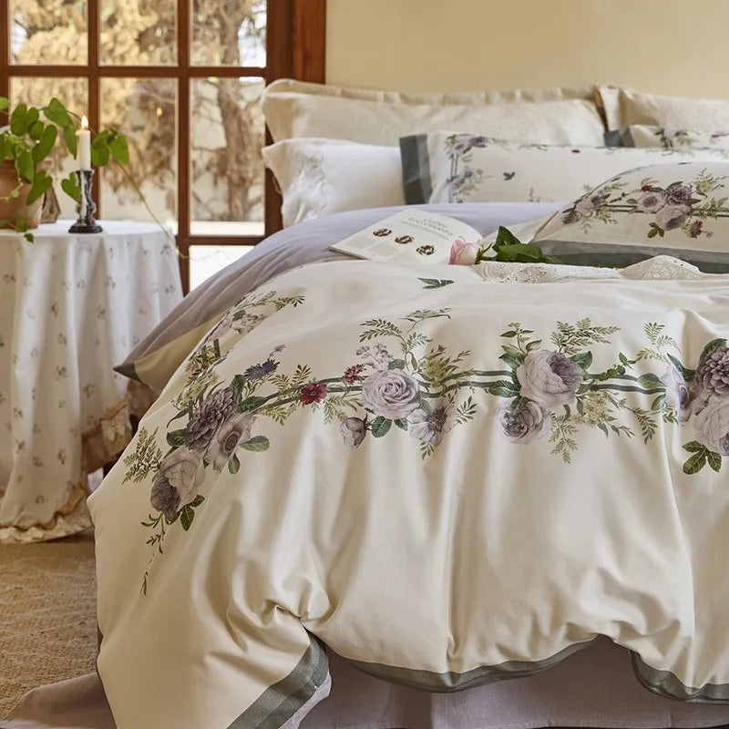 THL1172 100% soft cotton bedding set features a 600TC fabric construction with a chic and vibrant rose floral design.