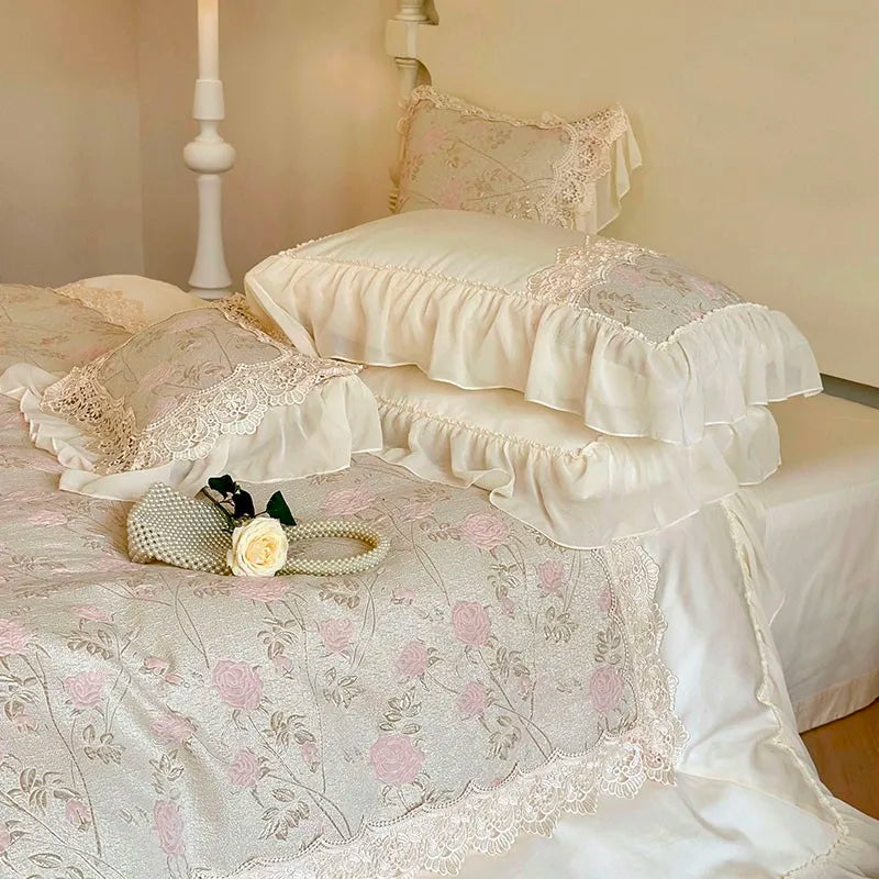 THL1064 Chic Stereoscopic Relief Rose Flowers Patchwork Bedding Set Egyptian Cotton with Chiffon Ruffles and Lace