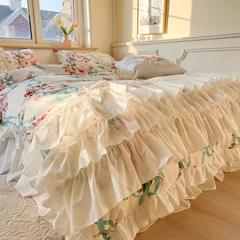 THL1065 100% Cotton Korean Style Princess Bedding Set Elegant Lace Ruffles and Floral Bedspread